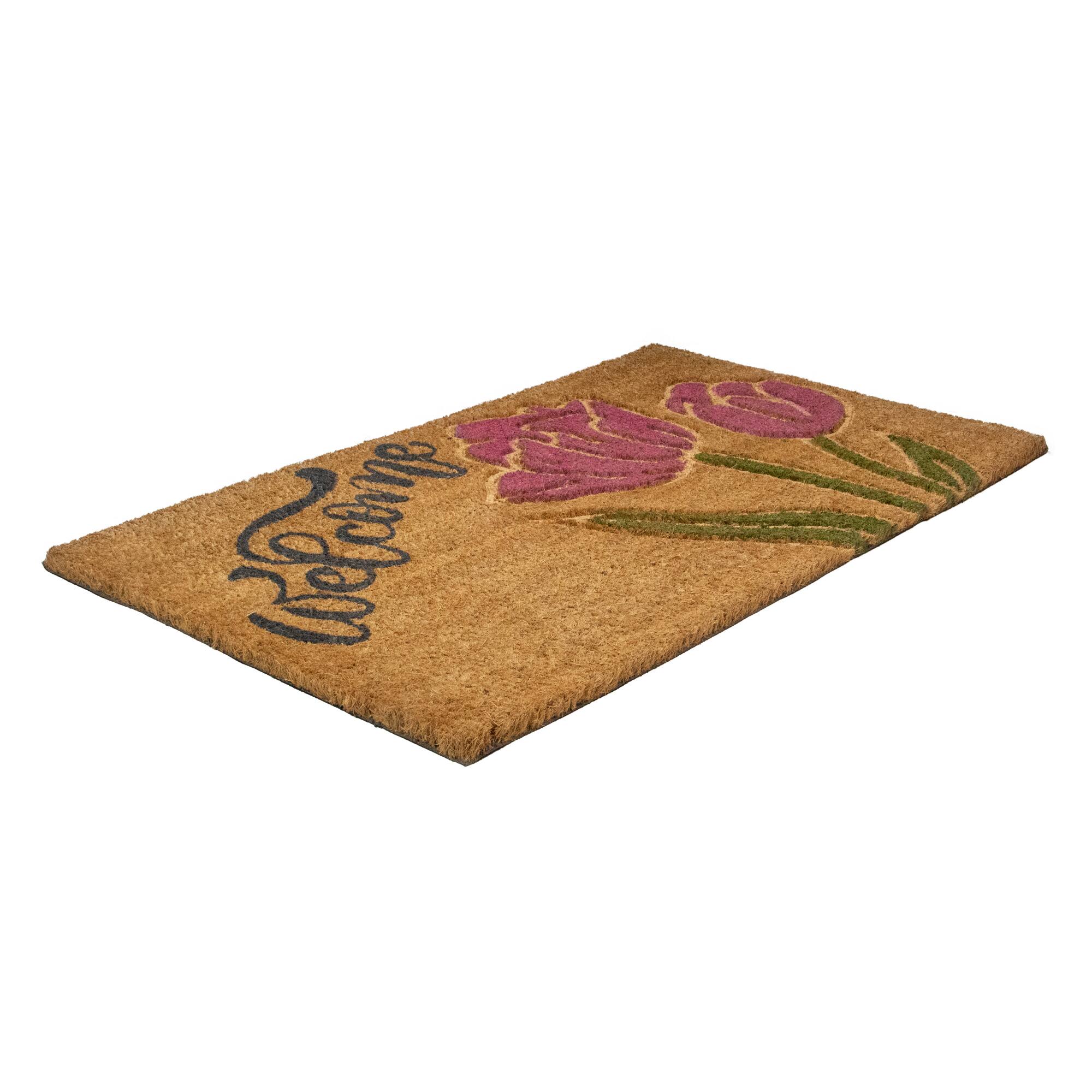 18" x 30" Natural Coir Floral Rectangular "Welcome" Doormat